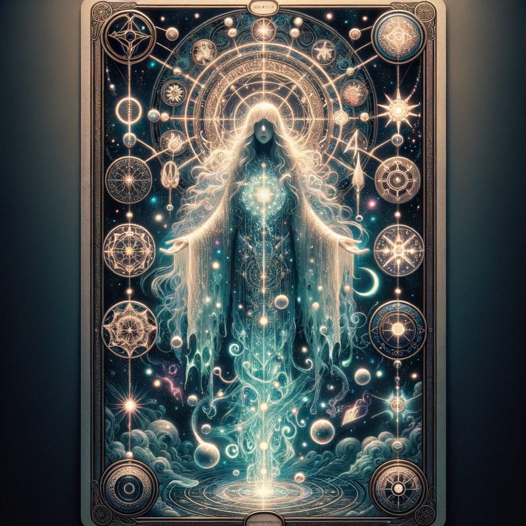 Bioluminescent Priestess Tarot Card in Vintage Style
