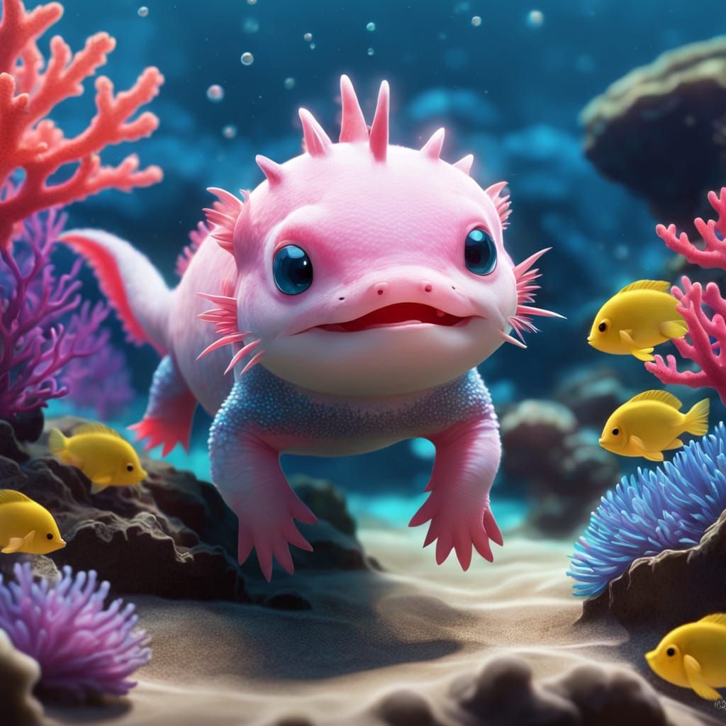 Whimsical Cartoon Axolotl in a Vibrant Coral Reef