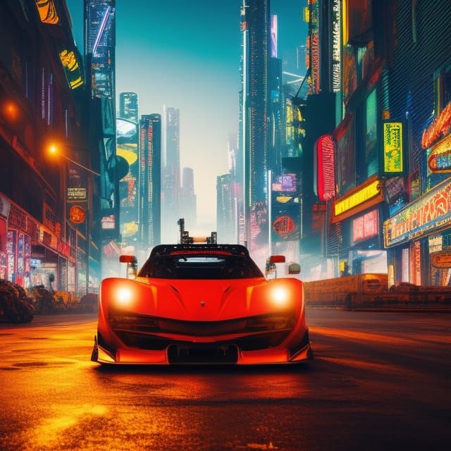Cyberpunk Racing Car in Neon City at Golden Hour