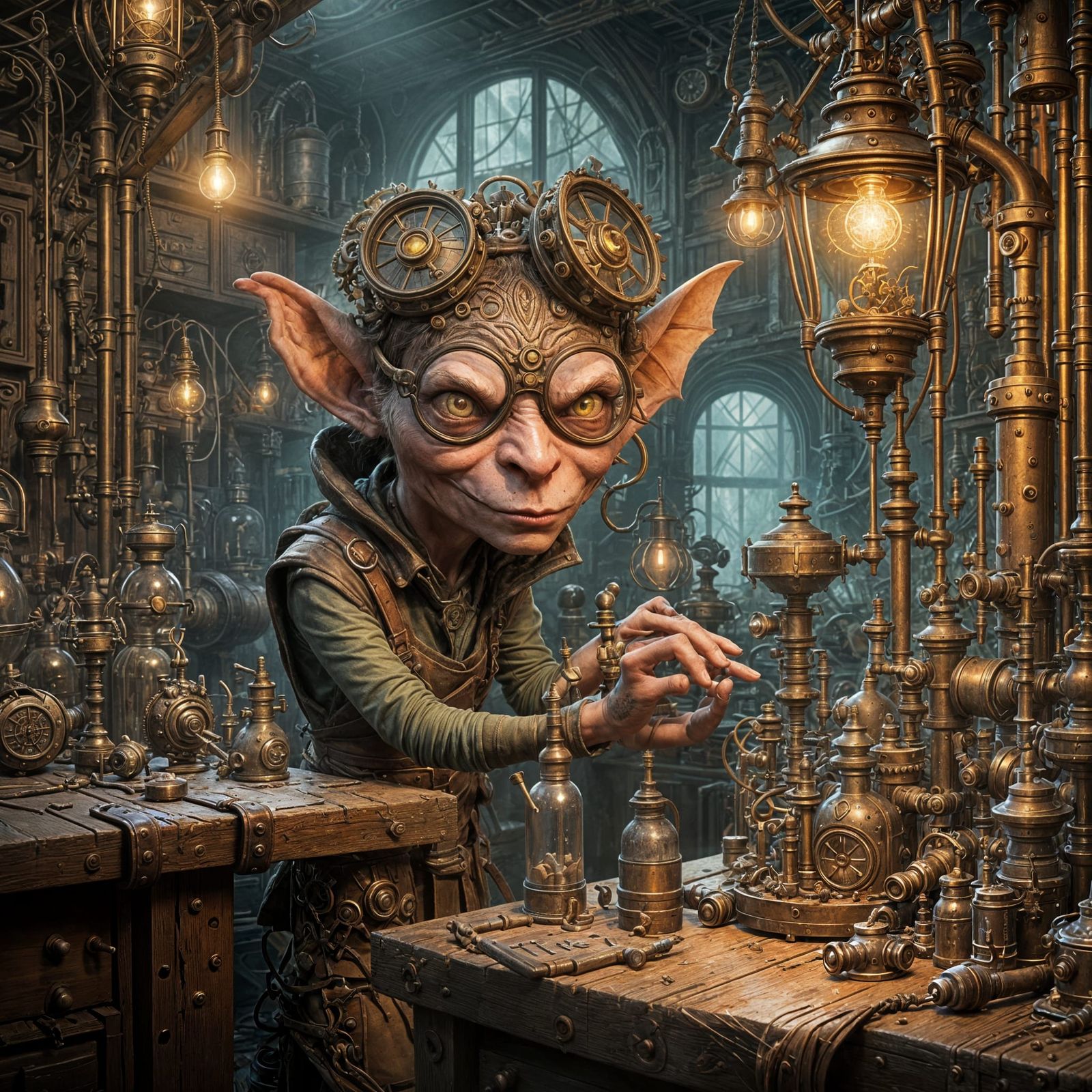 Goblin Tinkerer Assembling Bizarre Contraption in Fantasy Ar...