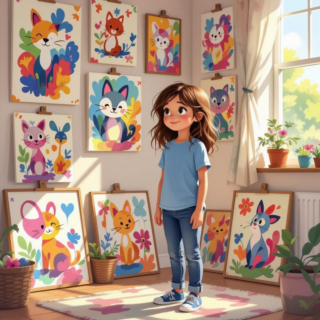 Young Artist with Vibrant Paintings in Sunlit Room