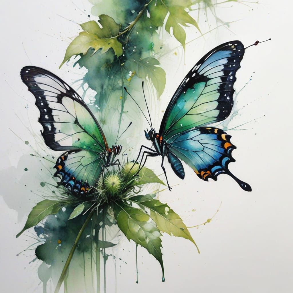 Glasswing Butterfly and Caterpillar in Watercolour Style