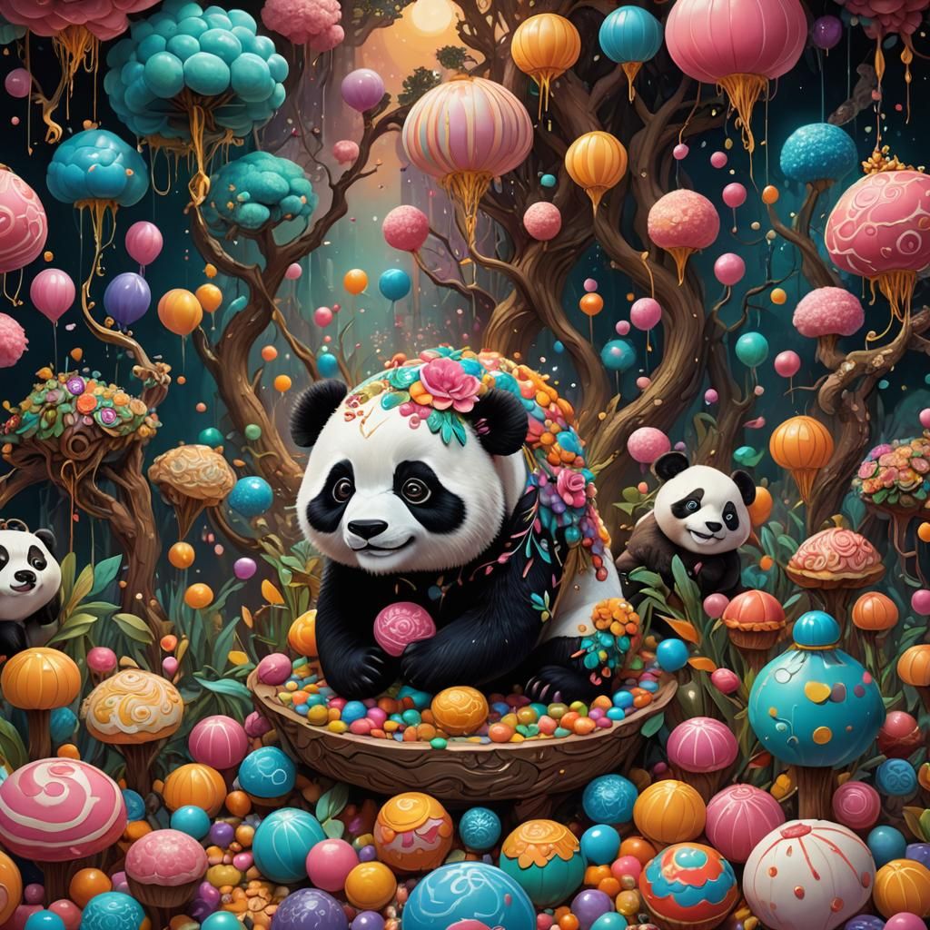 Whimsical Panda in Sugar Landscapes in Vibrant Colors