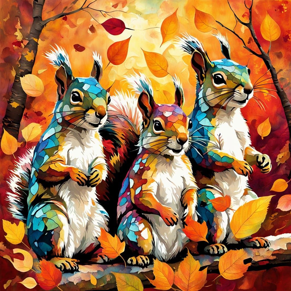 Squirrels Play in Autumn Leaves at Sunset