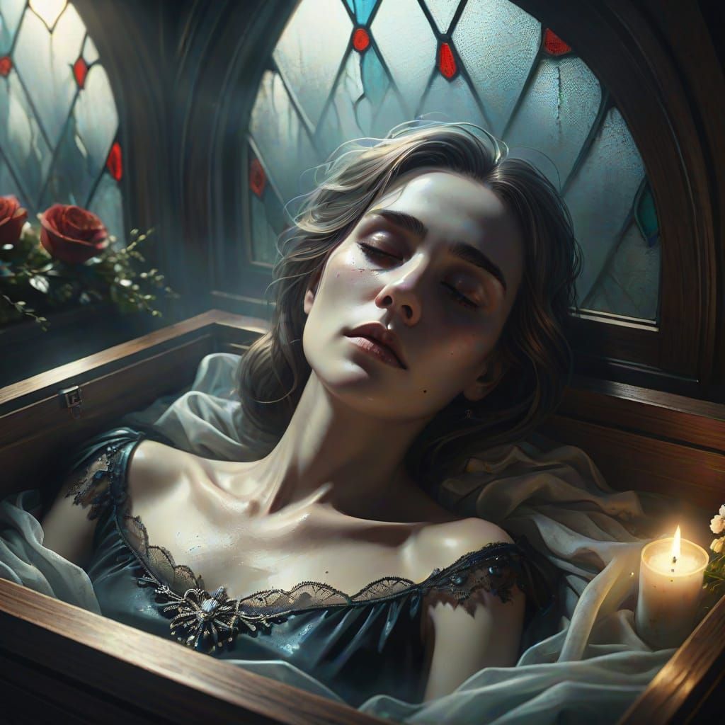 Ethereal Woman in Casket Amidst Sorrowful Loved Ones