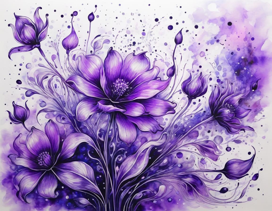 Ethereal Floral Ink Drawing in Purple