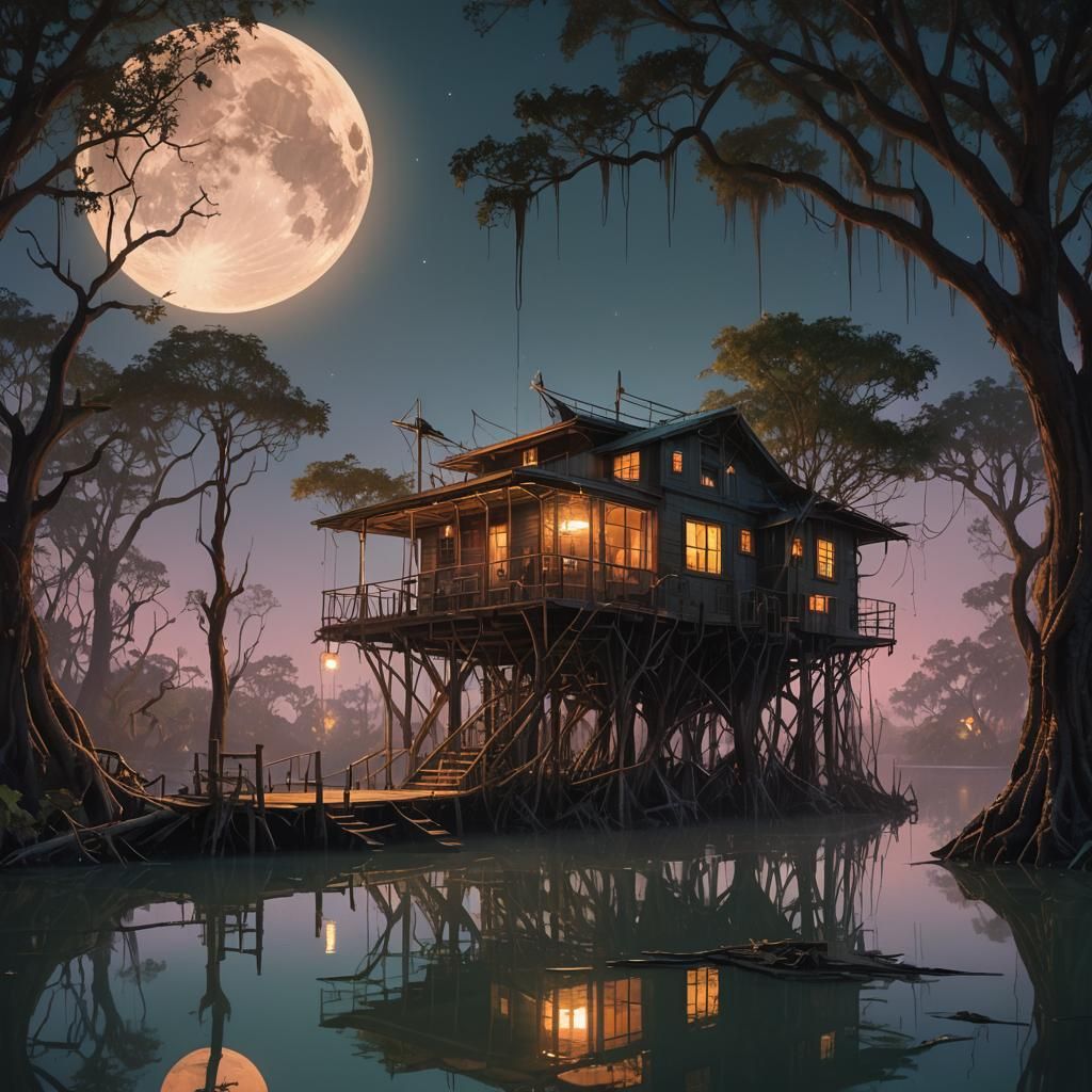 Steampunk Cabin in Mangrove Lake Concept Art