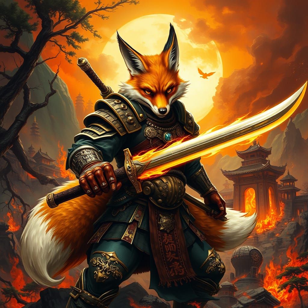 Fox Warrior in Burning Forest, Dark Fantasy Art