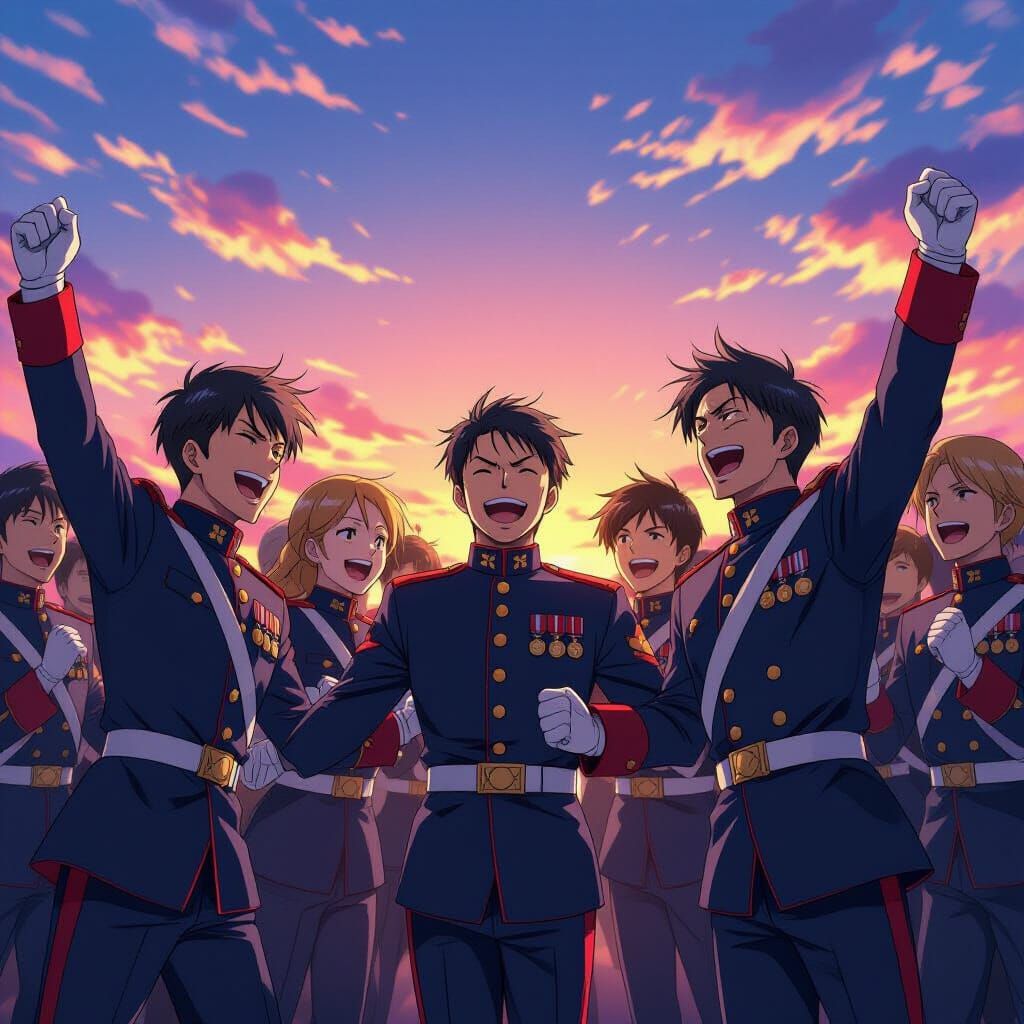 Anime Soldiers Cheer at Sunset in Vibrant Style