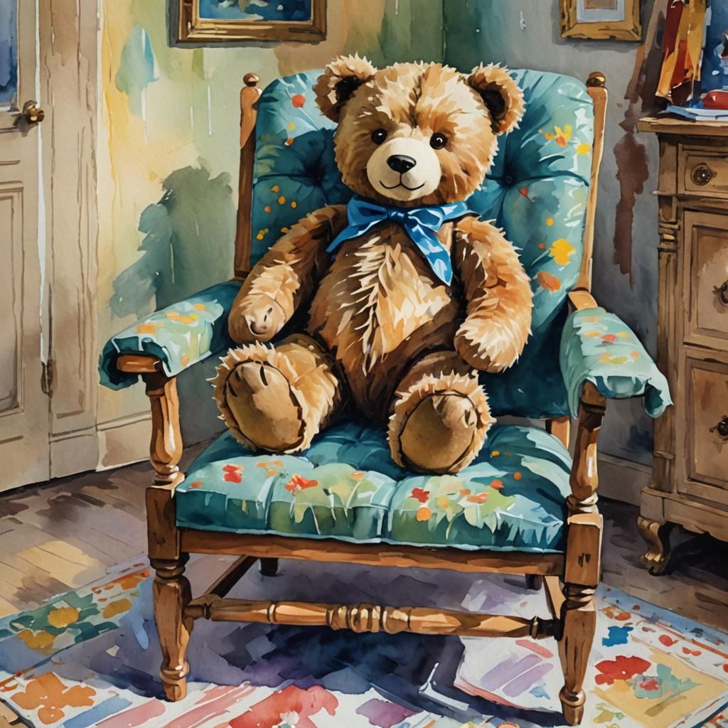 Teddy Bear in Bedroom, Gouache Watercolor Style