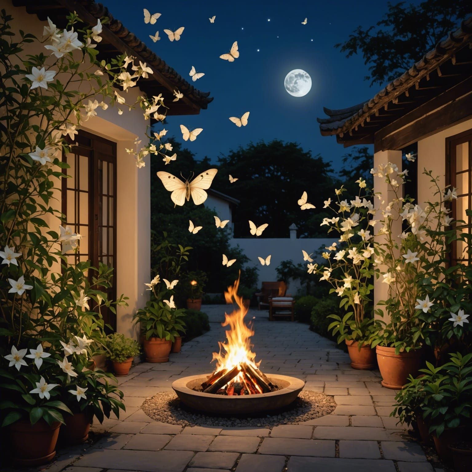 Moonlit Garden Bonfire: Moth to a Flame