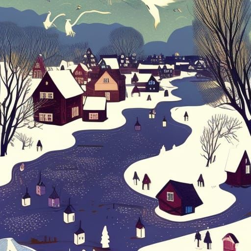 Winter Puritan Village with Witches in Flight