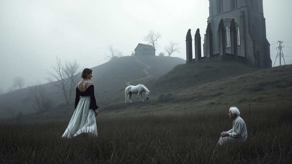 Monochrome Woman in Ruined Church Landscape