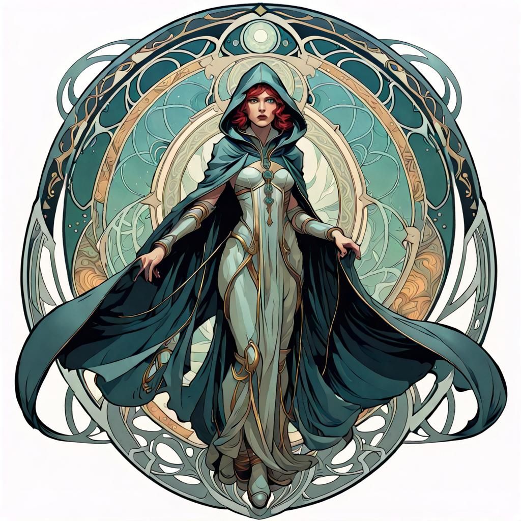 Techno Mage Traveling Dimensions in Art Nouveau Style