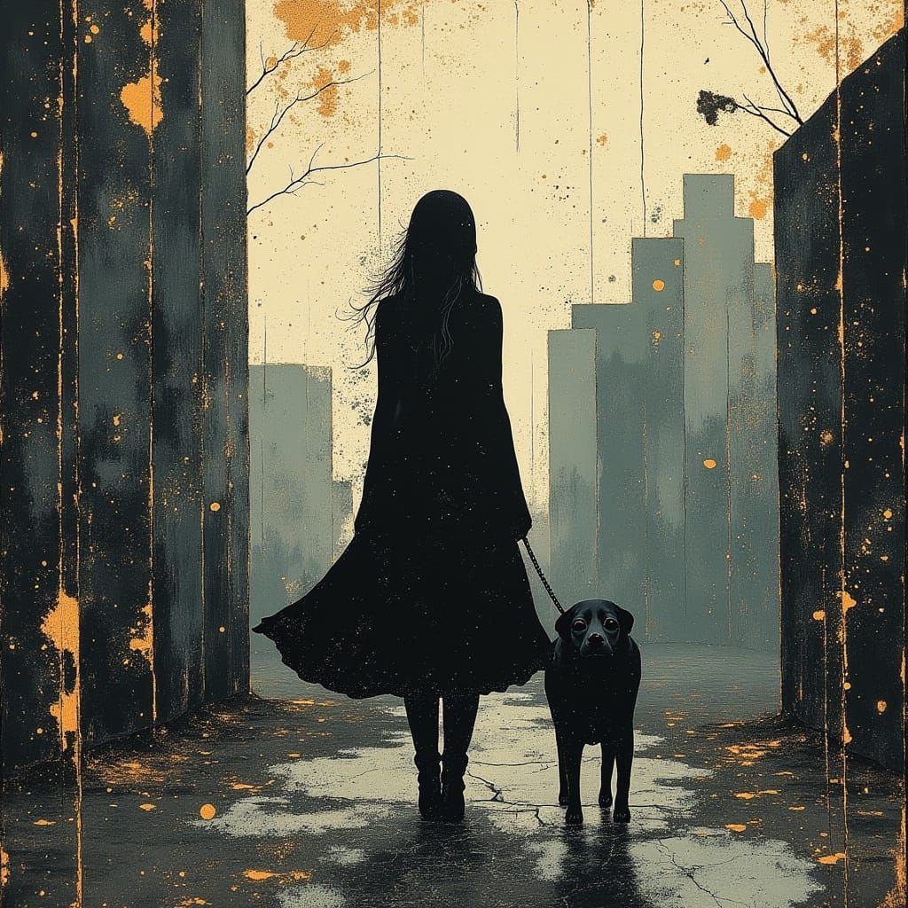 Gothic Woman Walks in Dark Urban Landscape