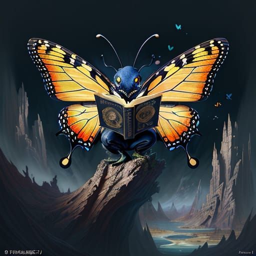 A confused anthropomorphic cartoon insect butterfly reading ...