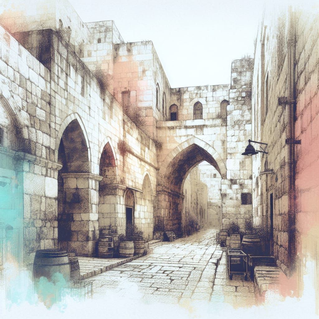 Jerusalem Alleys in Pastel Style with Fading Borders