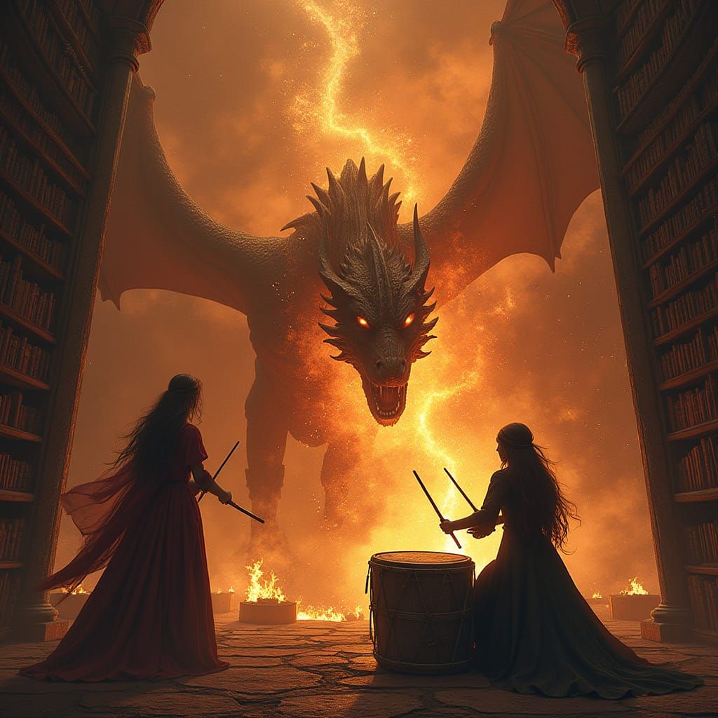 Drummer's Rhythmic Battle Against Dragon in Voronoi Library