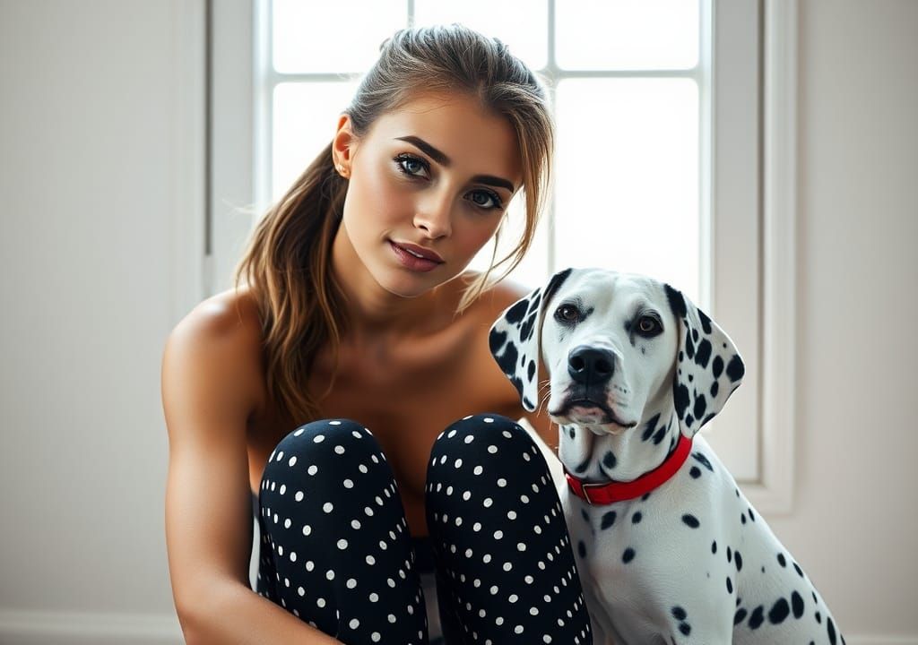 Supermodel with Dalmatian in Polka Dot Leggings