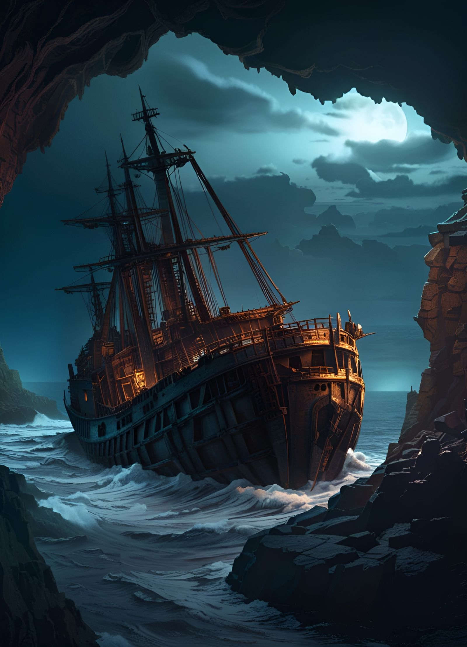 Dramatic Shipwreck on Cliff in Graphic Novel Style