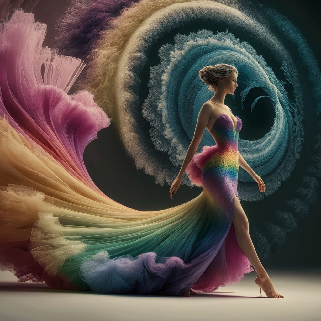 Rainbow Tulle Gown in Dramatic Digital Painting