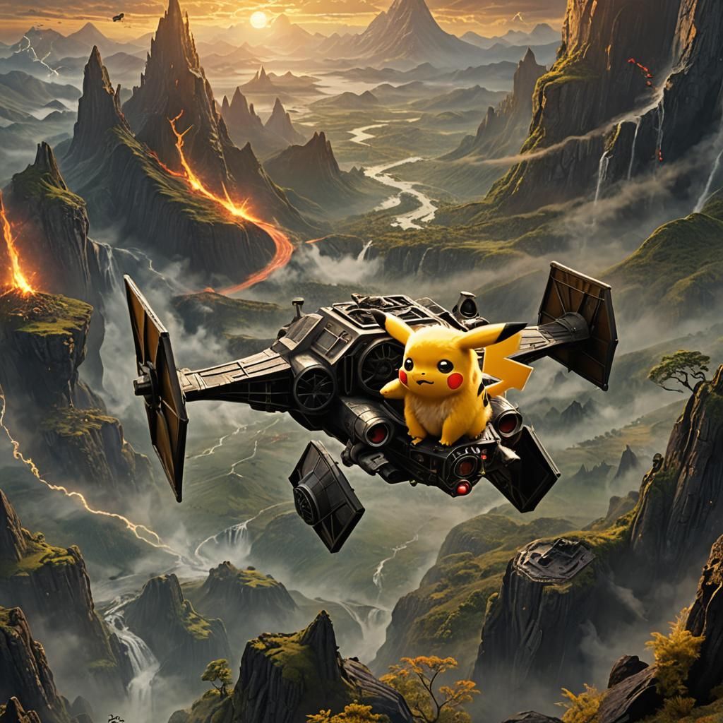Pikachu, Tie Fighter, and Harry Potter Fantasy Landscape