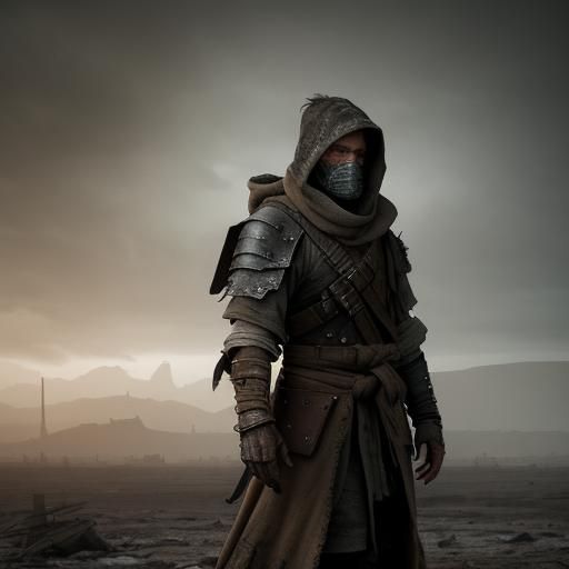 Post-Apocalyptic Nomad in Desolate Wasteland: Digital Painti...