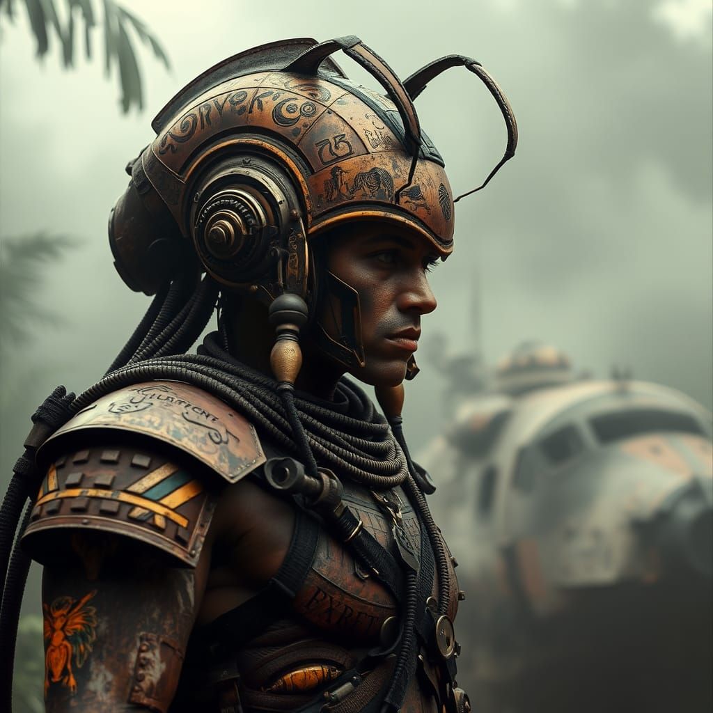 Aztec Warrior in Cyberpunk Style with Xenomorphic Helmet