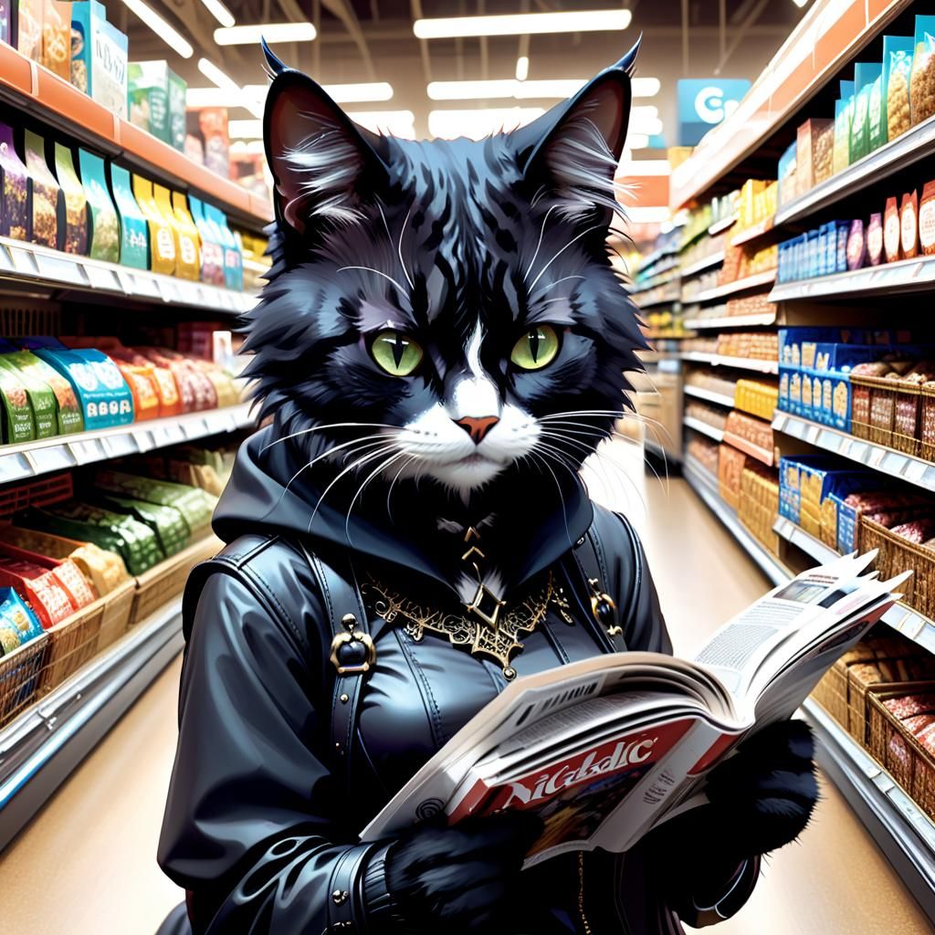 Gothic Cat Girl in Supermarket, Digital Art