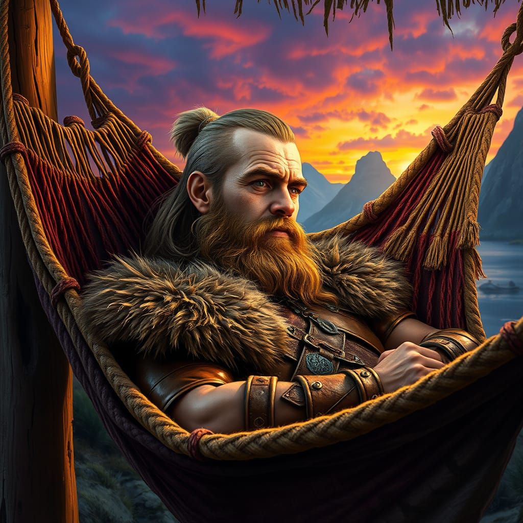 Viking Warrior Resting in Ornate Hammock
