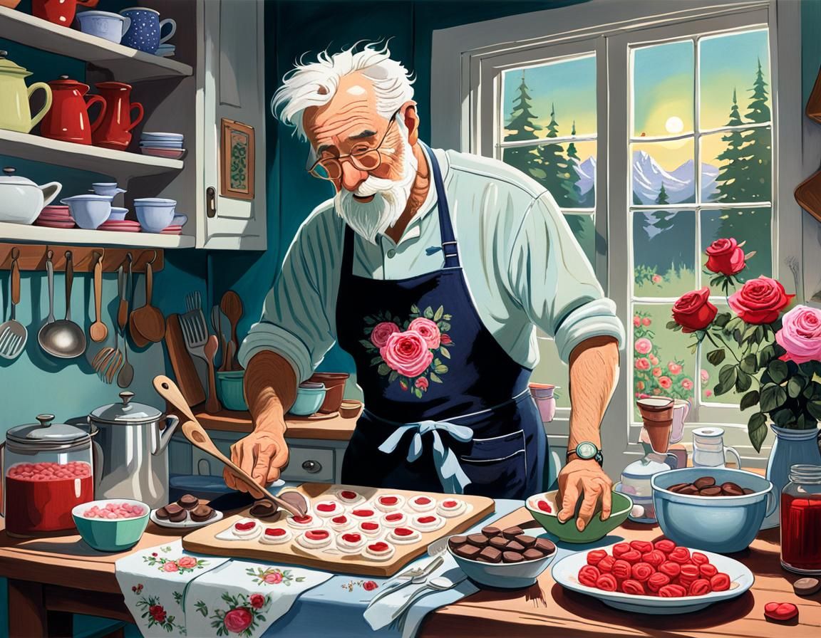 Romantic Old Man Cooking in Gouache Style