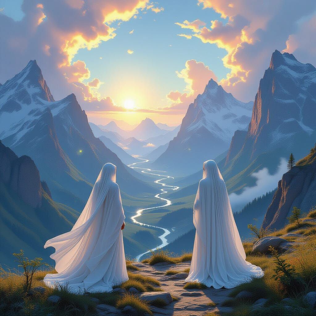 Surreal Beings in Dreamlike Landscapes with Shimmering Light...