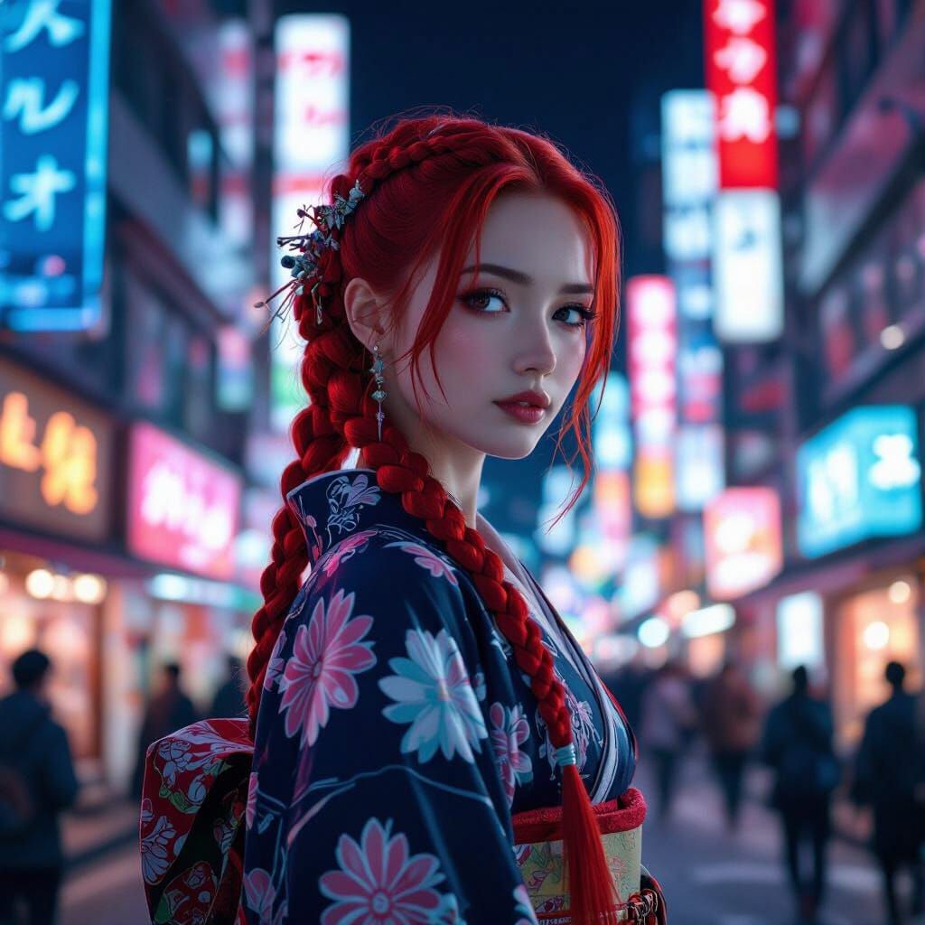 Woman in Tokyo: Cyberpunk Style with Neon Kimono