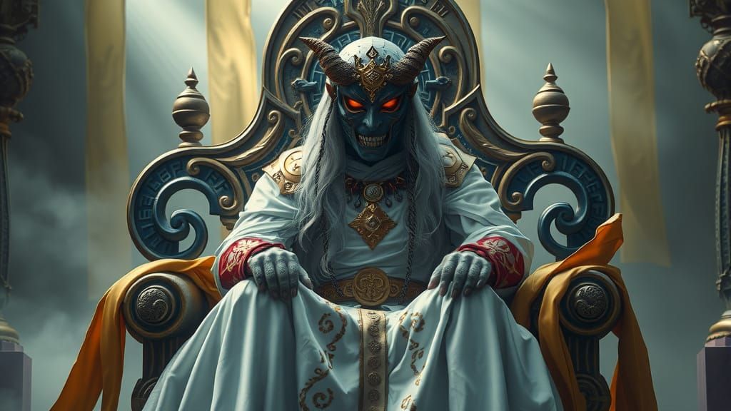 Divine Ancient Knight in Blue Rune Throne with Demon Mask