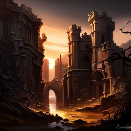 Dramatic Ruined Castle Sunset Concept Art