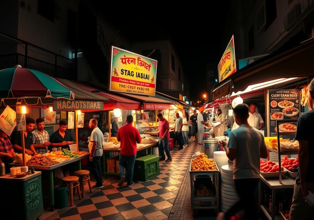 Vibrant Street Food Vendors at Night