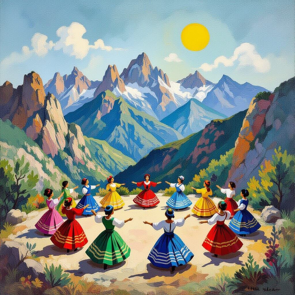 Catalan Dancers at Mountain Top in Surreal Style