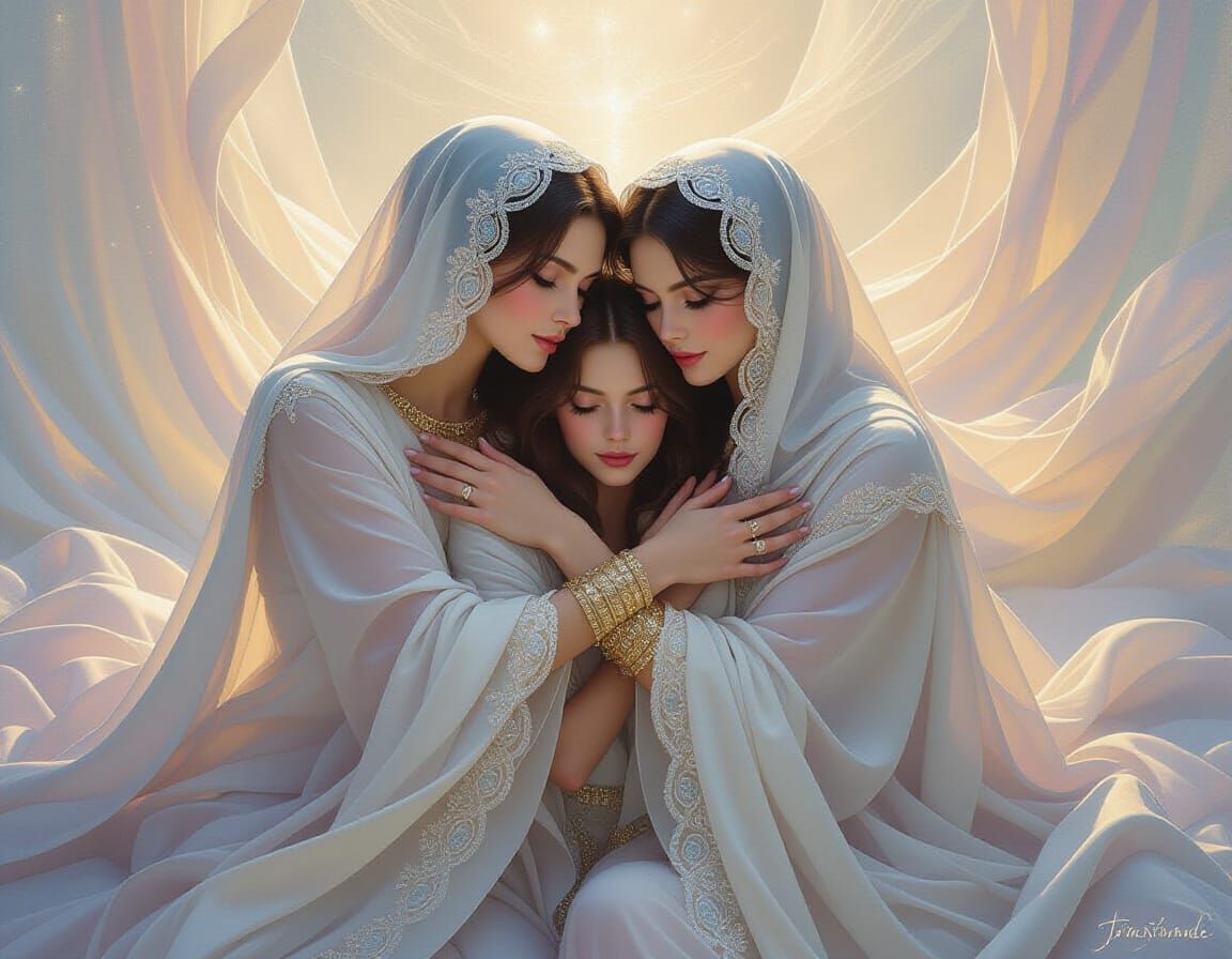 Ethereal Figures Embrace in Mystical Dreamscape