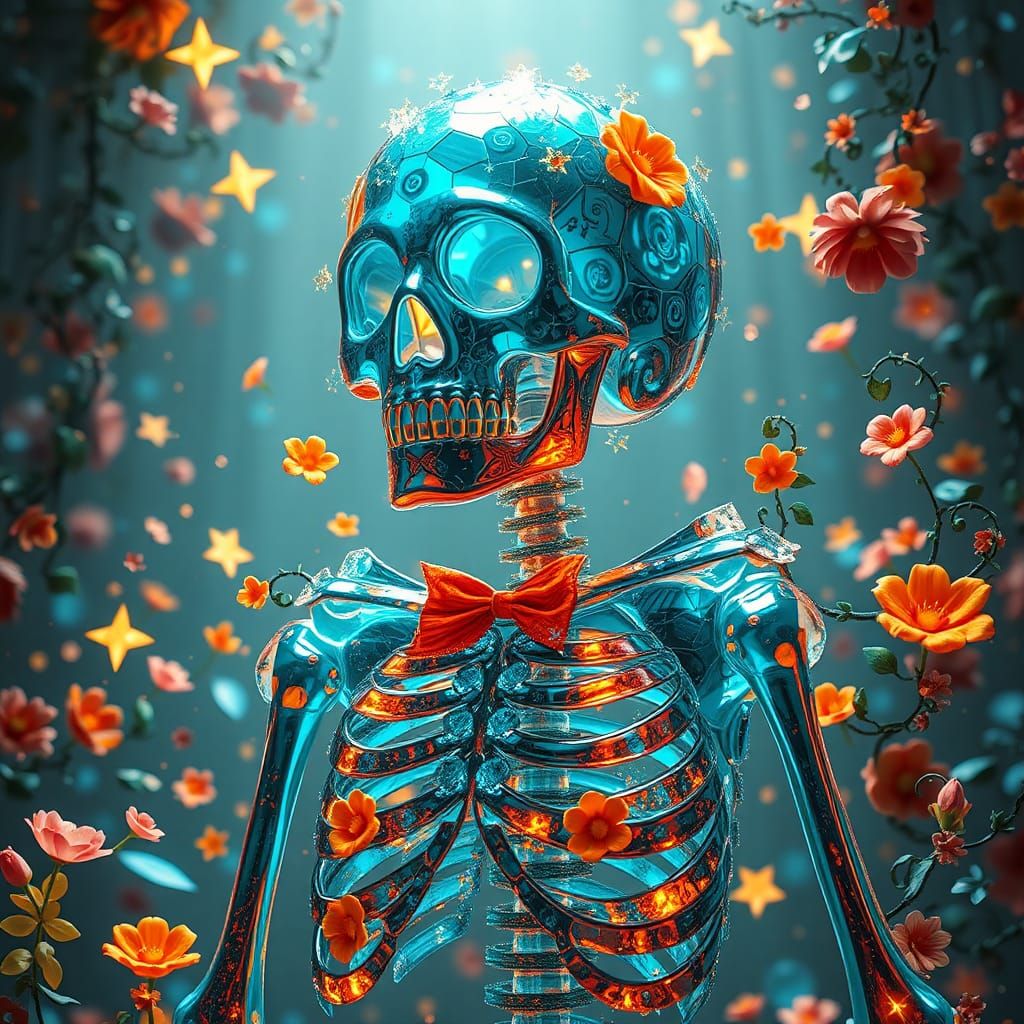 Glass Skeleton Bursting with Stars and Flowers