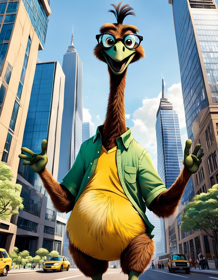 Anthro Emu Waving Hello in City, Pixar Style