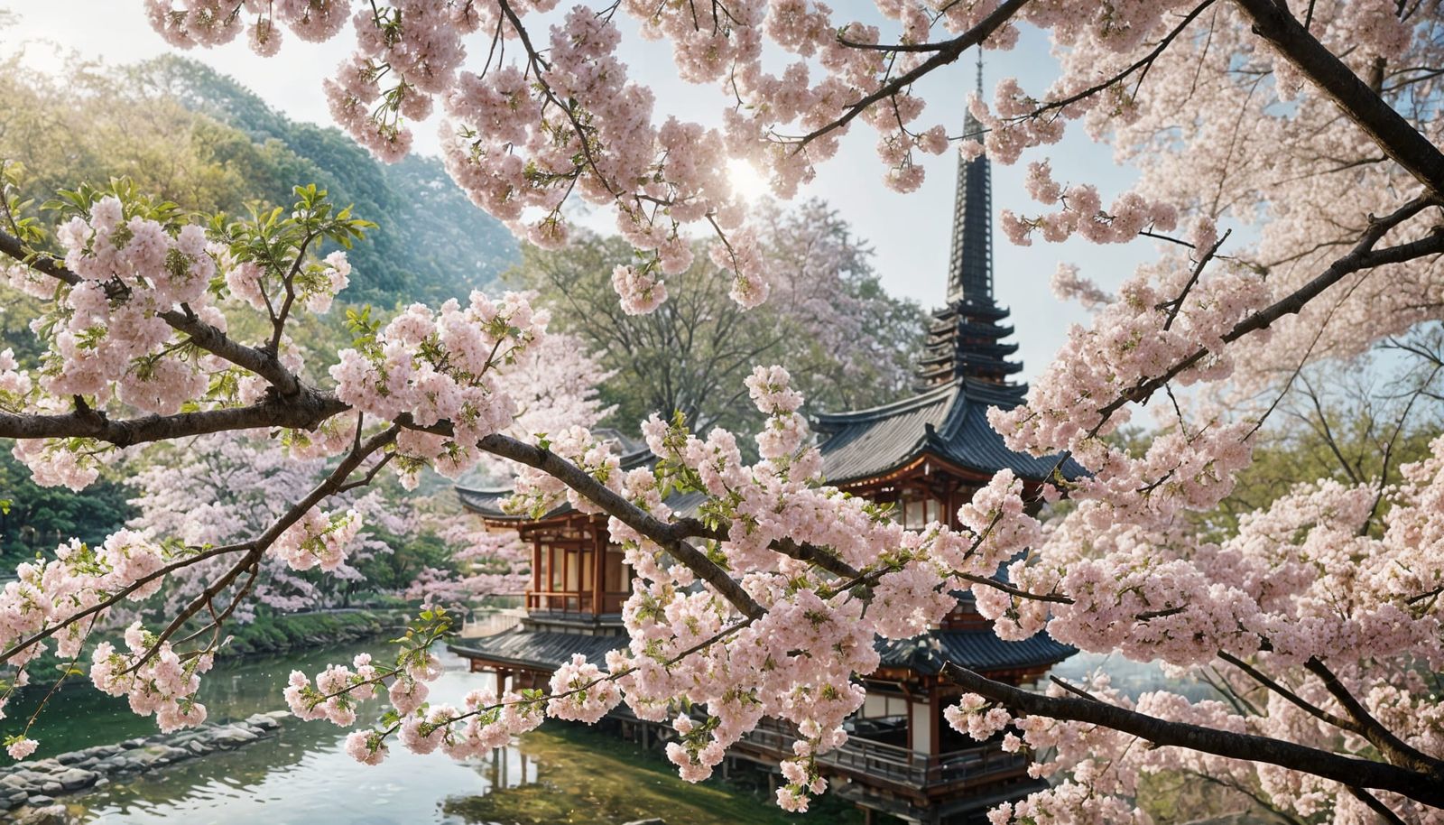 Japanese Garden with Cherry Blossoms and Pagoda