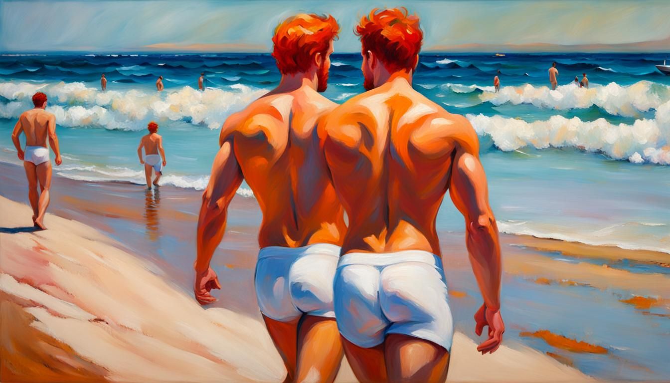 Red-Haired Men on Beach in Expressionist Style