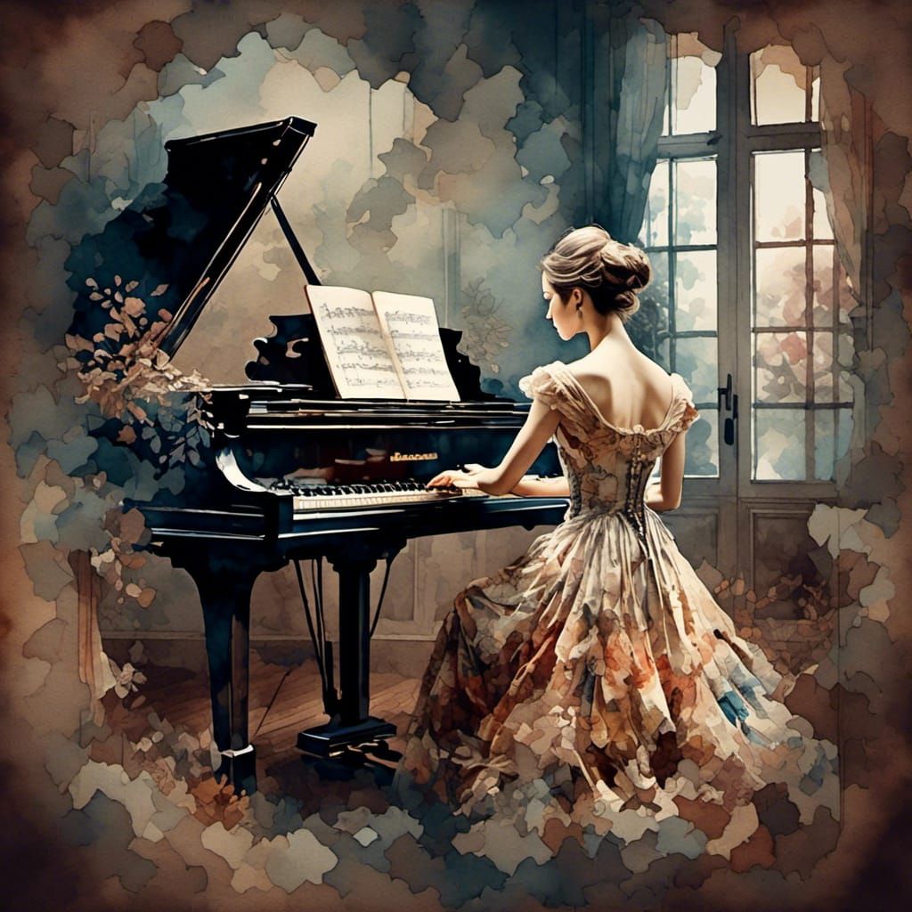 Victorian Woman at Piano in Antique Watercolor Style