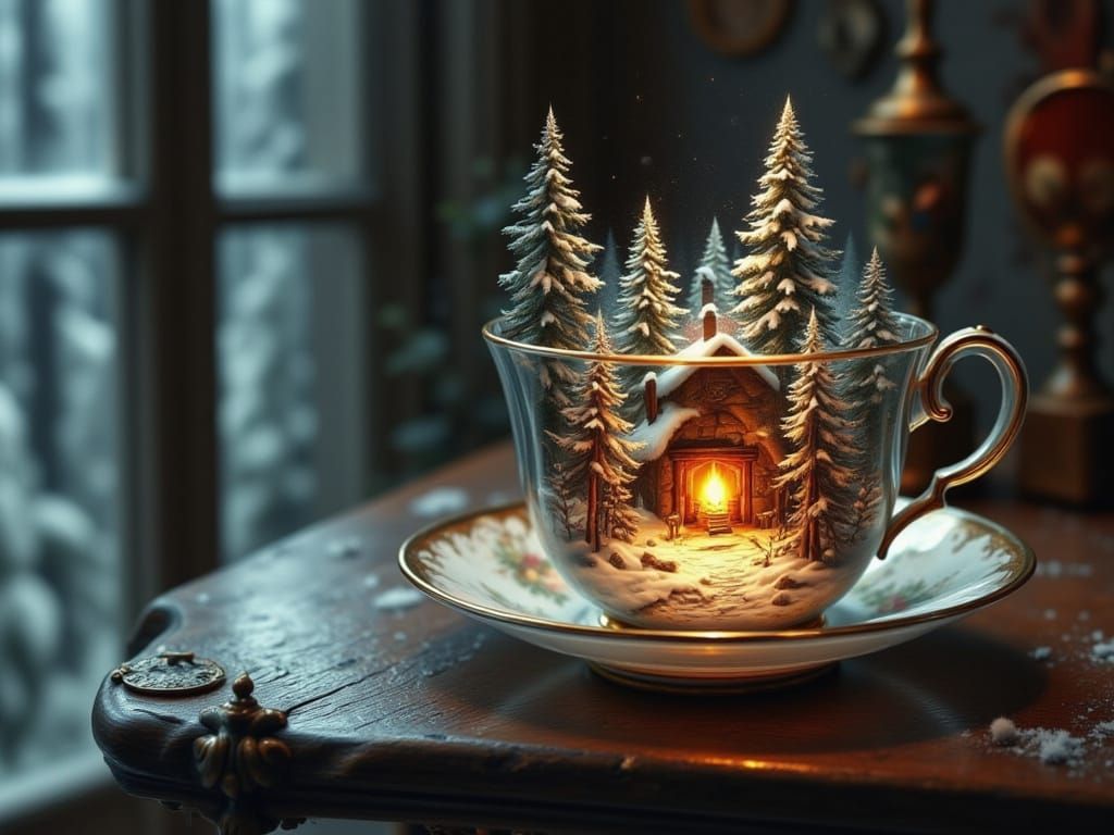 Magical Teacup Christmas Scene Oil Painting