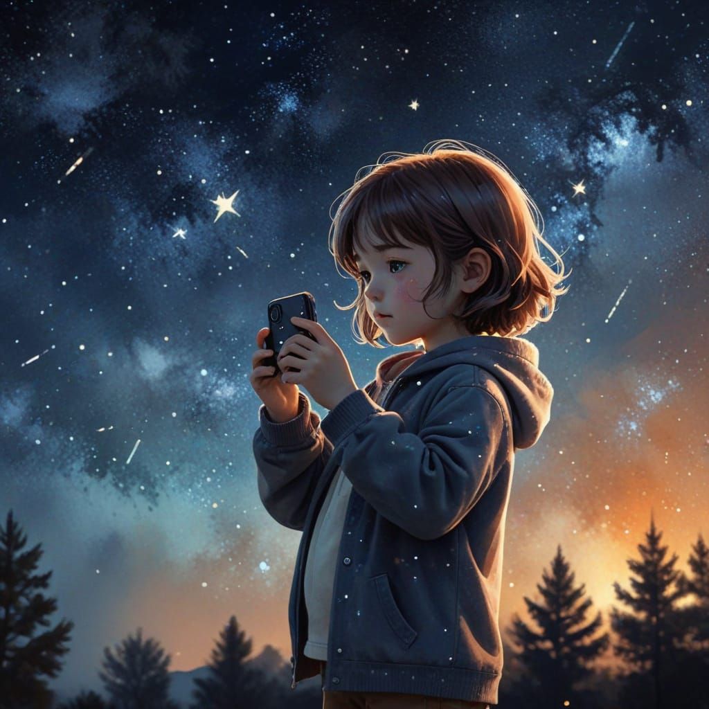 Anime Child Captures Starry Sky in Watercolor