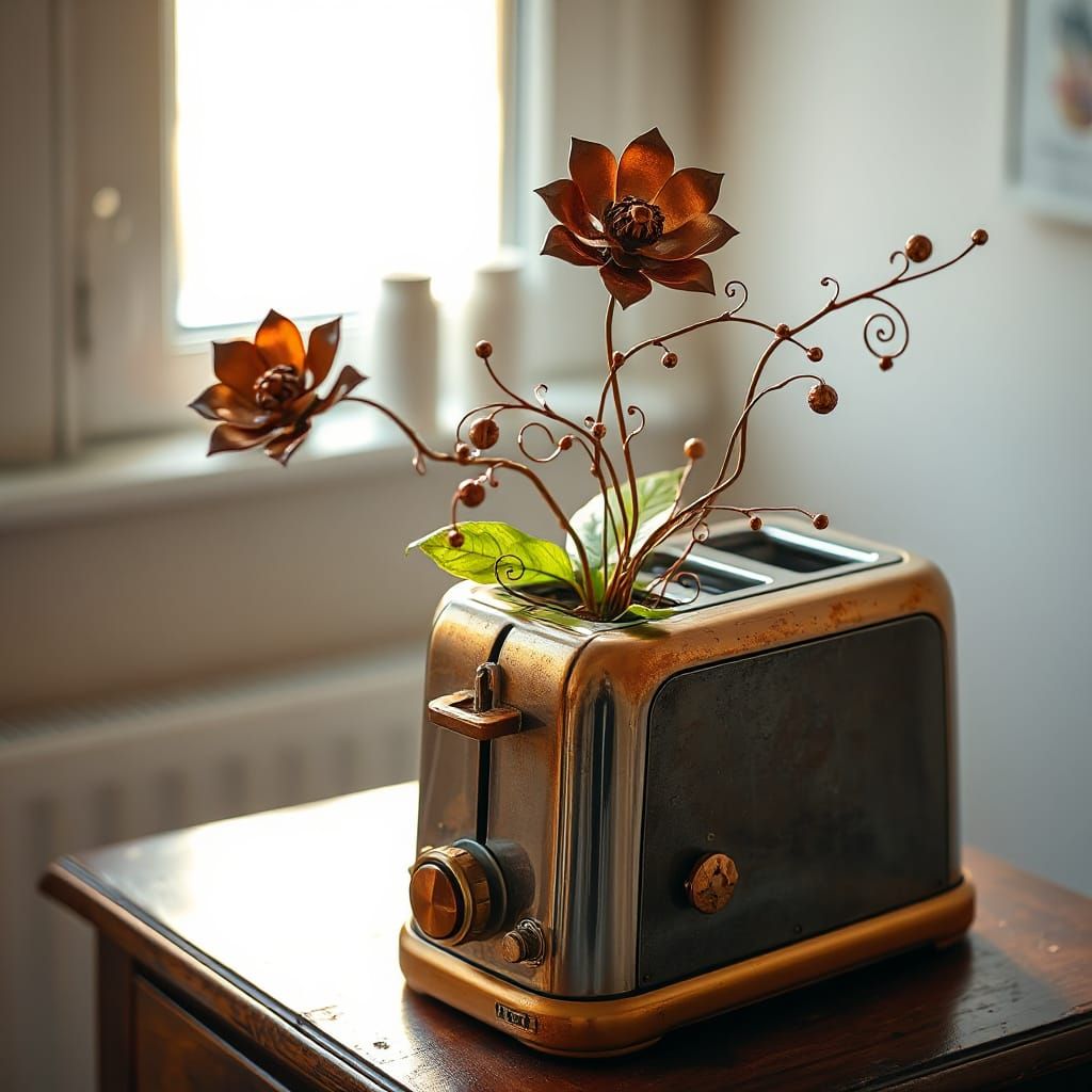 Steampunk Metal Flower Planter in Vintage Toaster