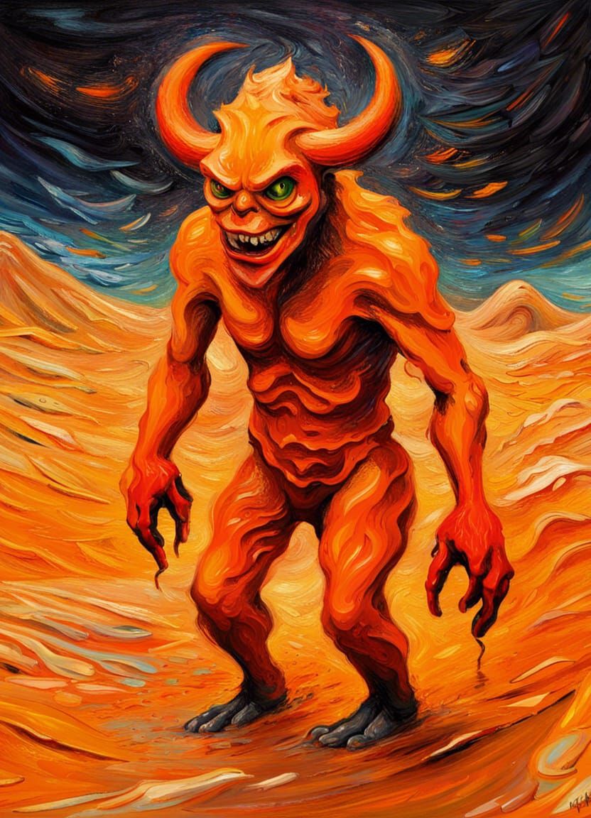 Orange Demon Wading Through Sand as Impasto Painting
