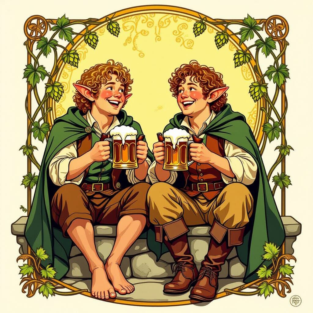 Merry and Pippin Laughing with Beer in Art Nouveau Style