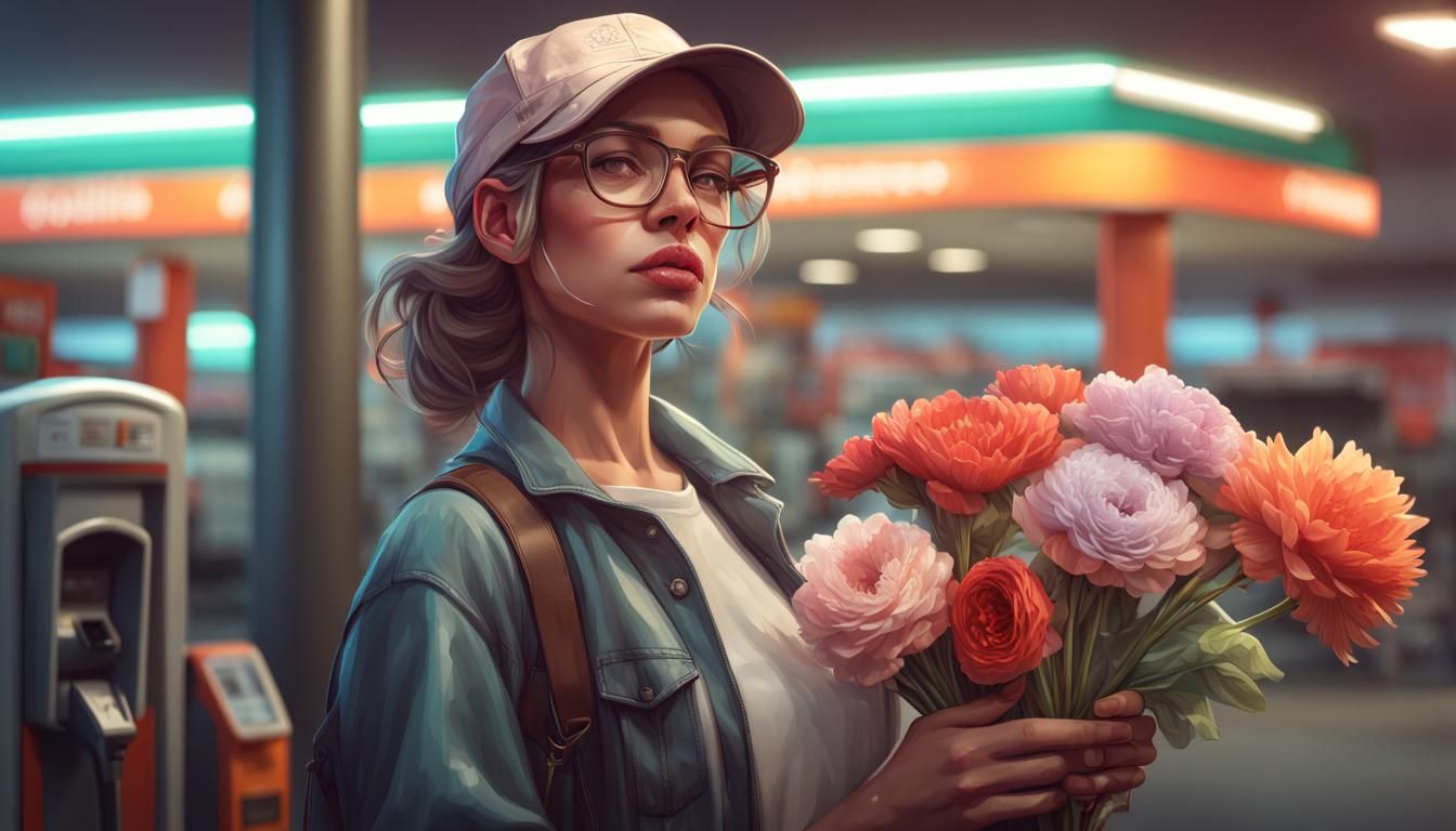 Woman with Flowers at Gas Station in Art Nouveau Style