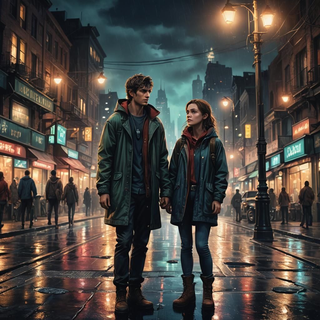 Small Town Girl and City Boy in Neon Cityscape